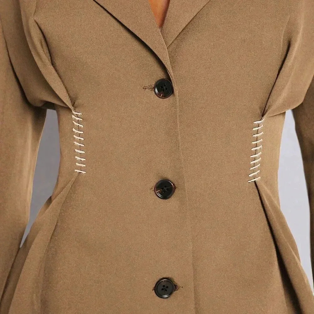 Camel Elegant Women's Pleated Flare Hem Button Up Blazer - Picture 5 of 5